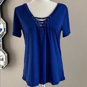 Royal blue V-neck lace up women’s top slinky
